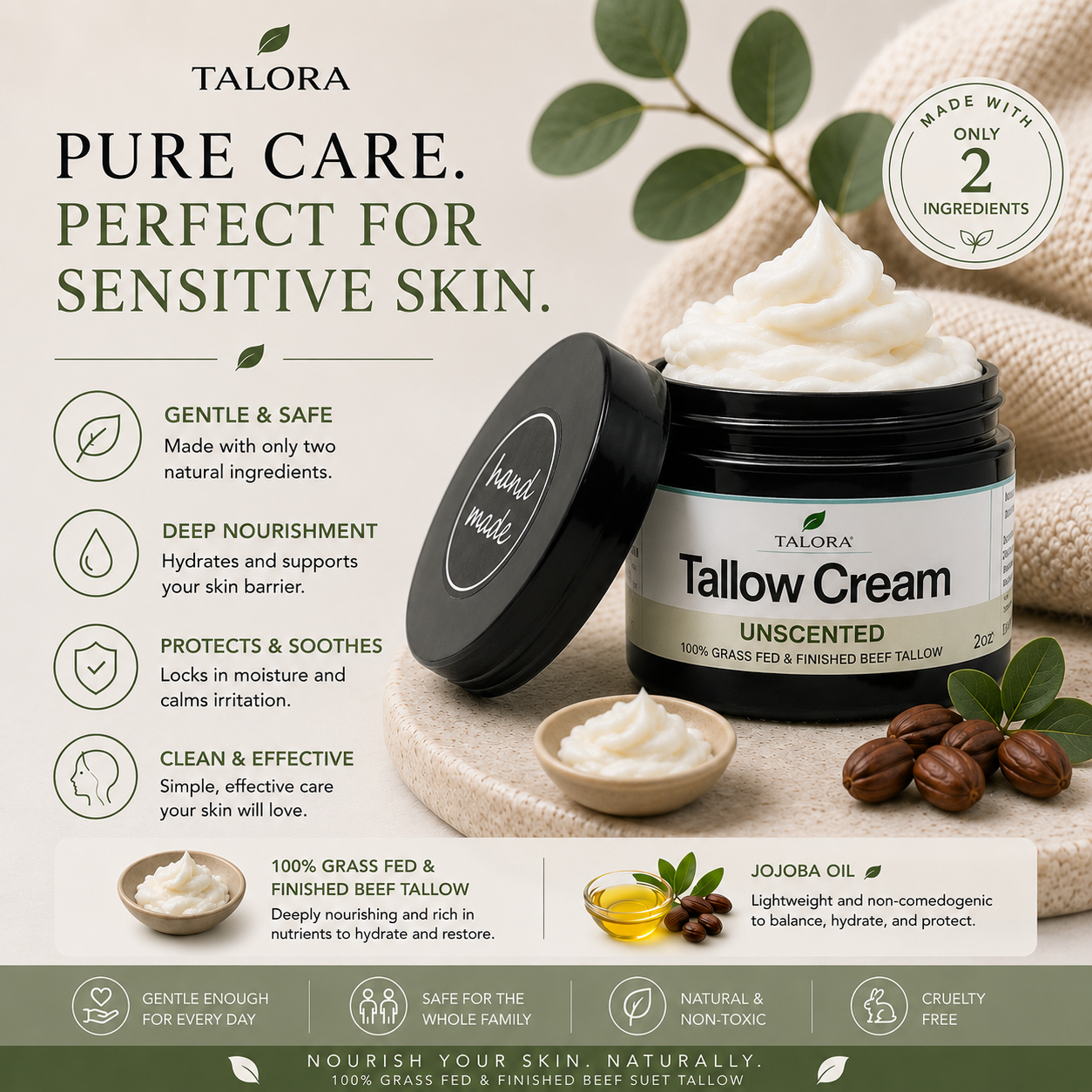TALORA Tallow Cream: Unscented (2 oz)