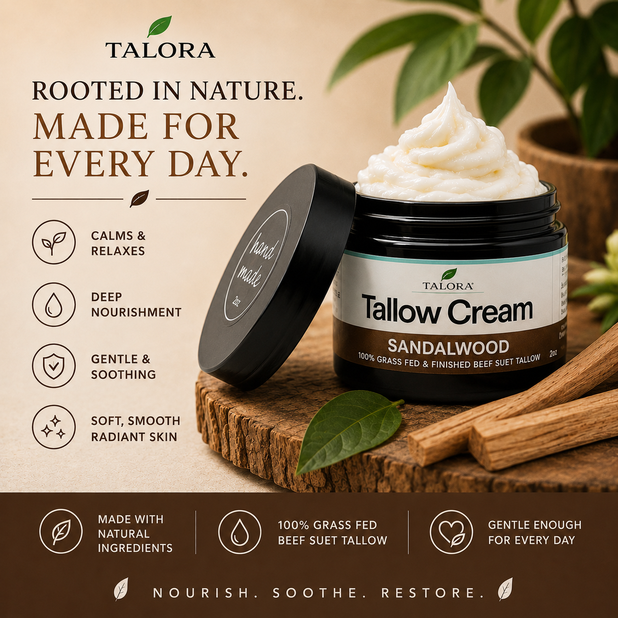 TALORA Tallow Cream: Sandalwood (2 oz)