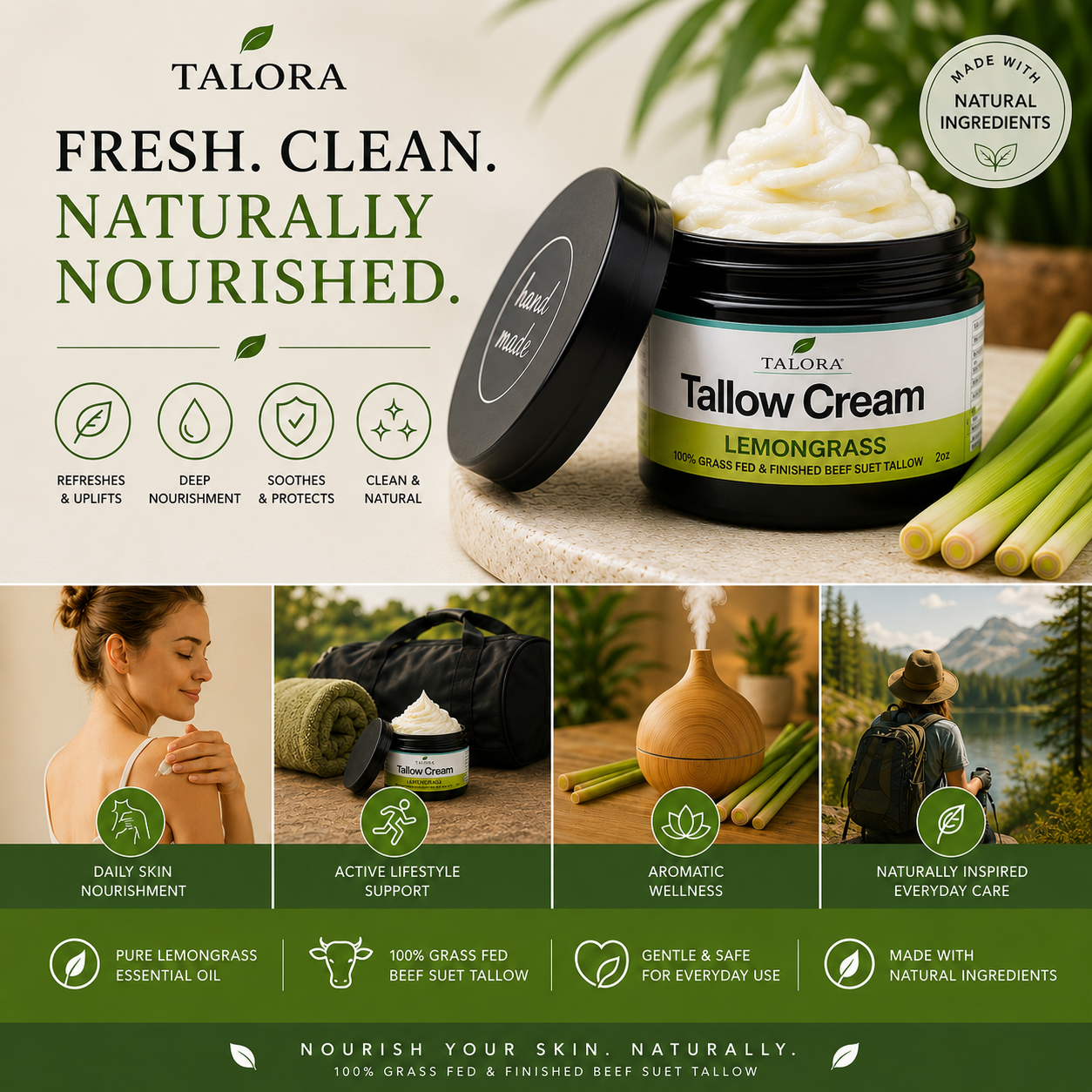 TALORA Tallow Cream: Lemongrass (2 oz)
