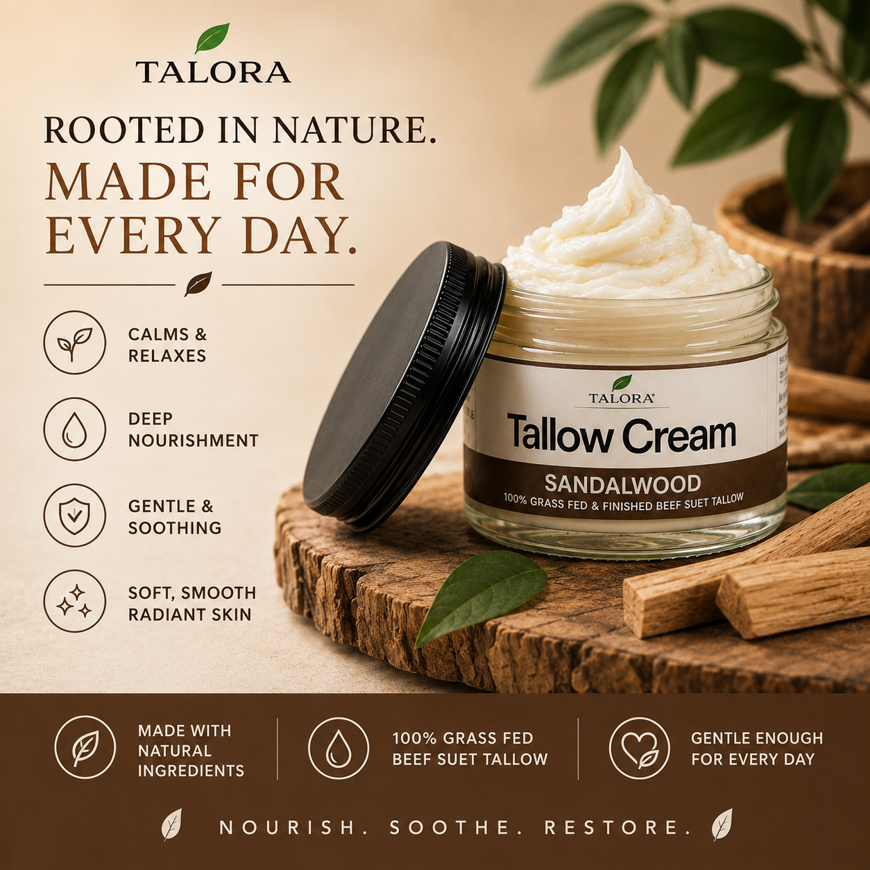 TALORA Tallow Cream: Sandalwood (2 oz)