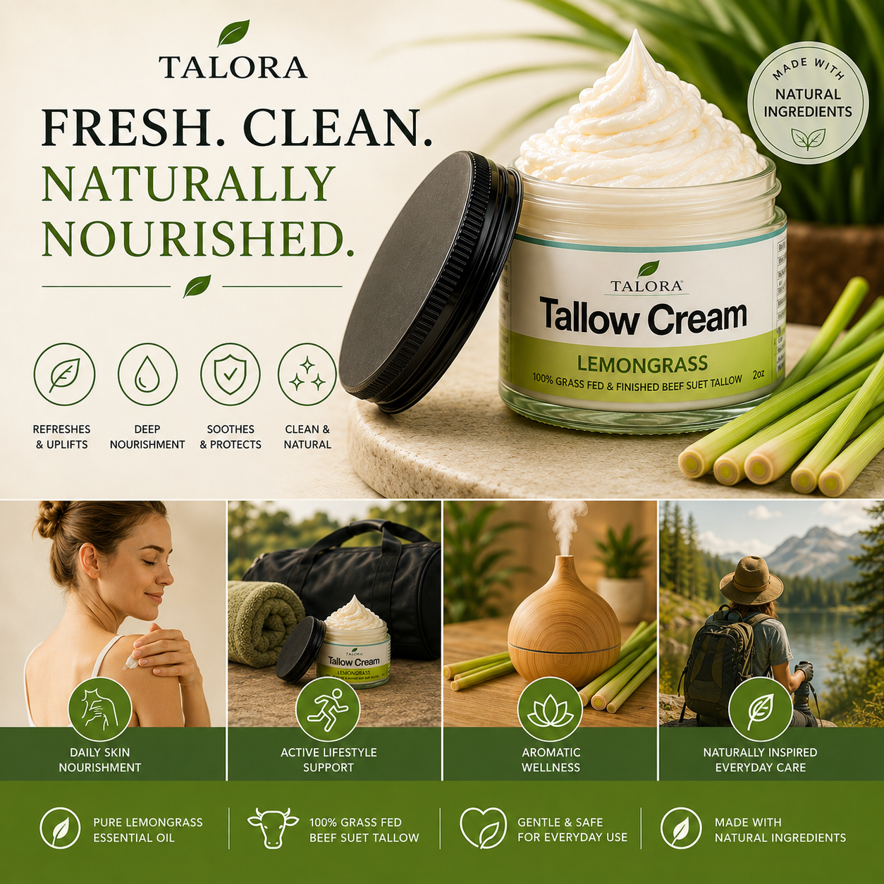 TALORA Tallow Cream: Lemongrass (2 oz)
