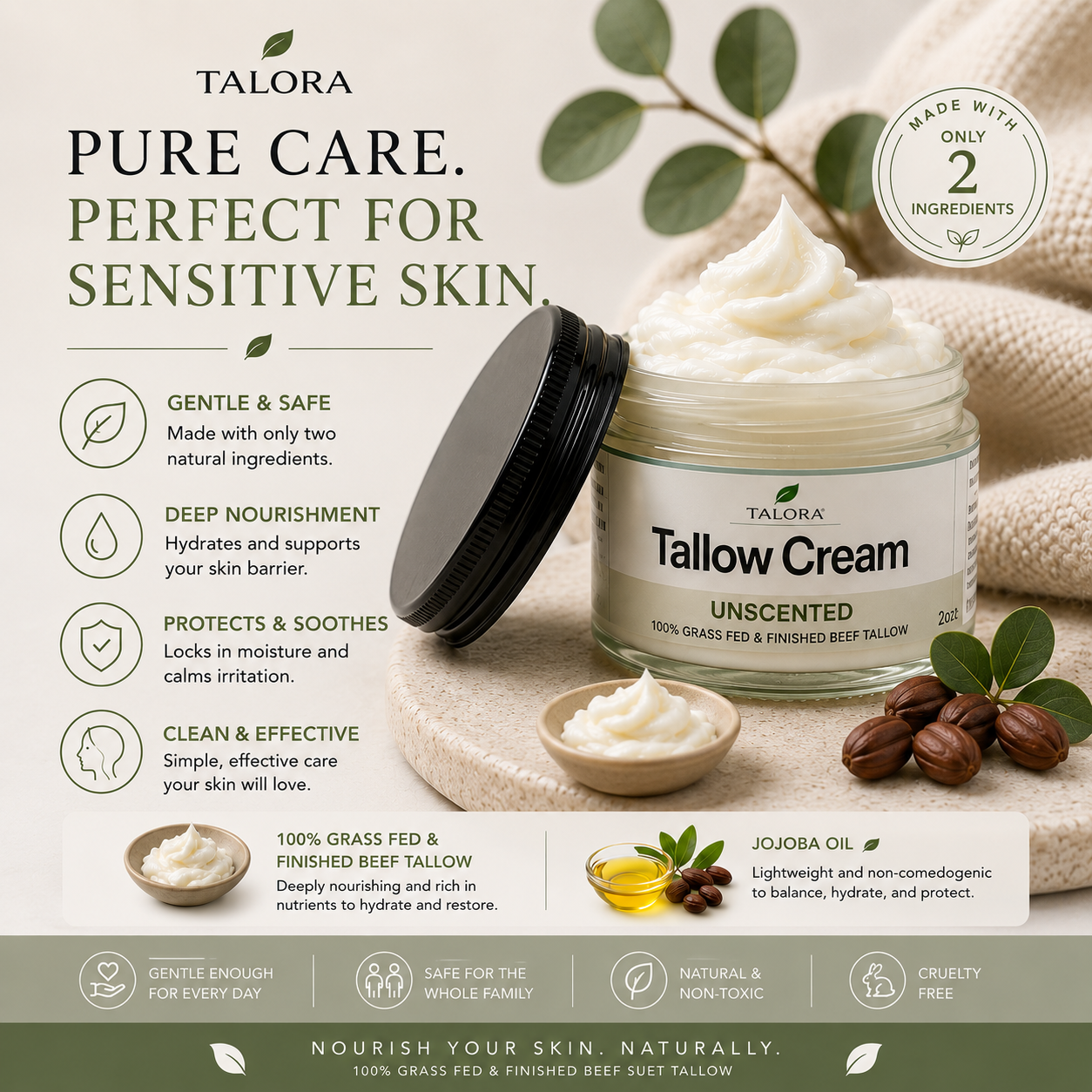 TALORA Tallow Cream: Unscented (2 oz)