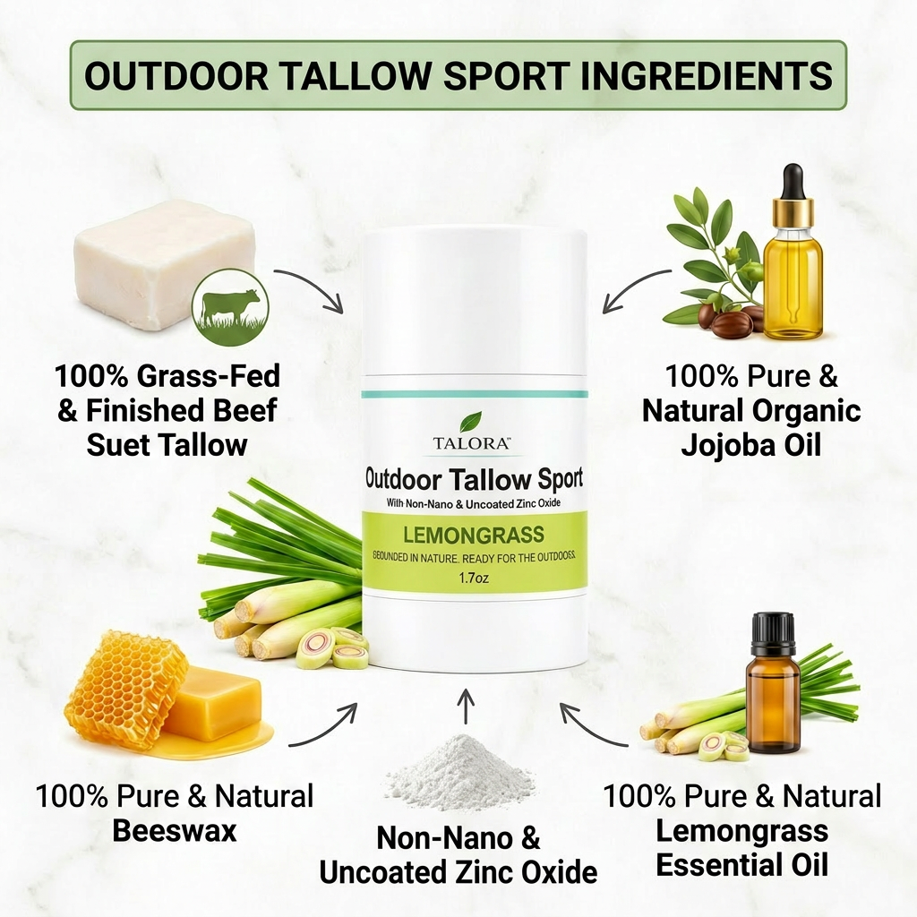 TALORA Outdoor Tallow Sport Roll-On – Lemongrass (1.7 oz) | Zinc Oxide Outdoor Balm